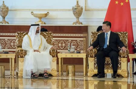 Abu Dhabi's Crown Prince Sheikh Mohammed bin Zayed al-Nahyan (L) meets with Chinese President Xi Jinping in Abu Dhabi, United Arab Emirates July 19, 2018. WAM/Handout via Reuters