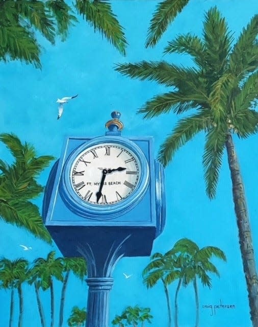 A portrait of the Times Square clock on Fort Myers Beach is part of a collection of local scene paintings made by Fort Myers resident Craig Petersen.