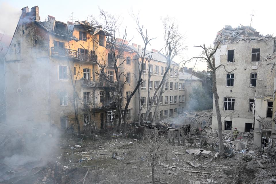 Damaged residential buildings following the Lviv attack (AFP via Getty Images)