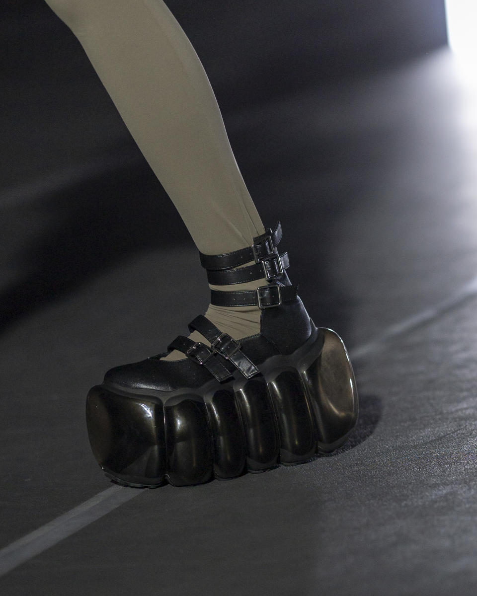 TOKYO, JAPAN - MARCH 14: A model, shoe detail, walks the runway in a design by MIKIO SAKABE during the Rakuten Fashion Week TOKYO 2024 A/W on March 14, 2024 in Tokyo, Japan. (Photo by Justin Shin/Getty Images)