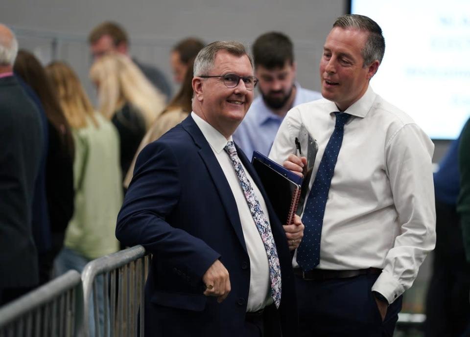Democratic Unionist Party candidates for Lagan Valley party leader Jeffrey Donaldson (left) and Paul Givan at Ulster University Jordanstown count centre in Newtownabbey (Brian Lawless/PA) (PA Wire)