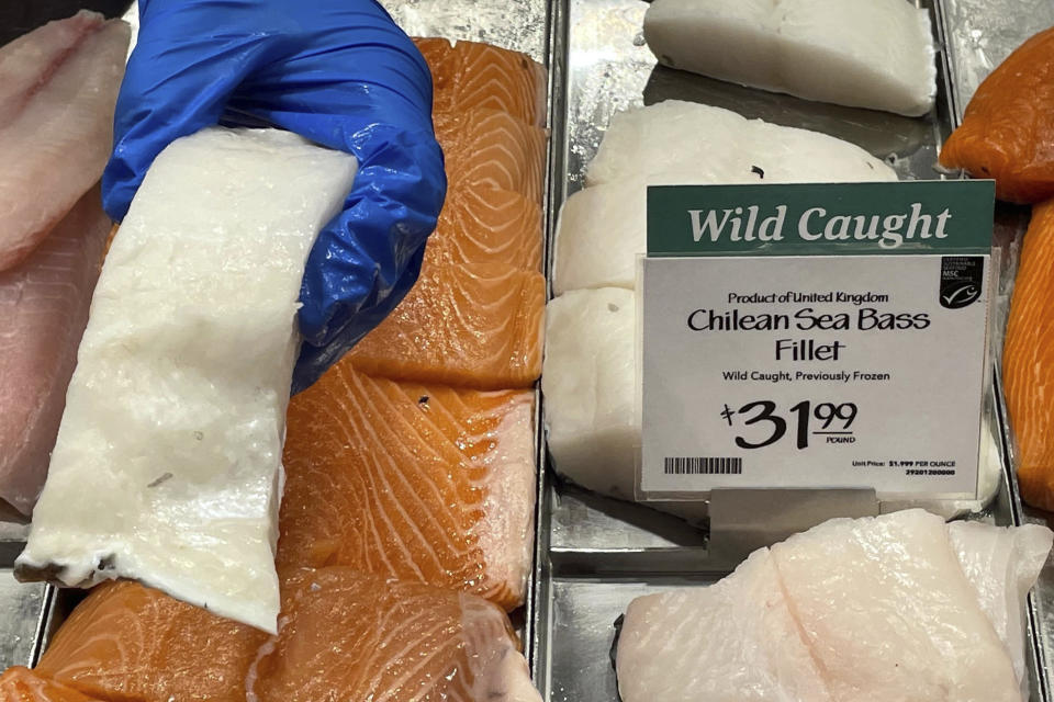 Fillets of Chilean sea bass caught near the U.K.-controlled South Georgia island are displayed for sale at a Whole Foods Market in Cleveland, Ohio on June 17, 2022. A diplomatic row is taking place near the South Pole dividing the normally allied U.S. and U.K. governments in response to provocations from Russia over catch limits of the meaty toothfish. The feud could lead to an import ban on the fish, which U.S. officials insist is being caught unlawfully in violation of rules governed by the Antarctic Treaty. (AP Photo/Joshua Goodman)