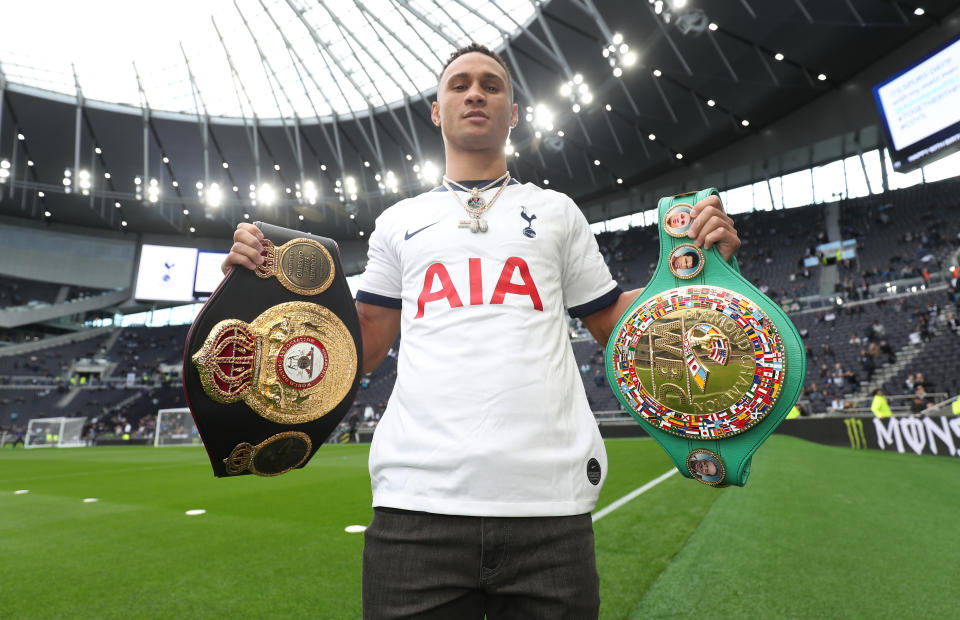 LONDON, ENGLAND - OCTOBER 19:  Boxer Regis Prograis poses for a photograph by the pitch ahead of the Premier League match between Tottenham Hotspur and Watford FC at Tottenham Hotspur Stadium on October 19, 2019 in London, United Kingdom. (Photo by Tottenham Hotspur FC/Tottenham Hotspur FC via Getty Images)