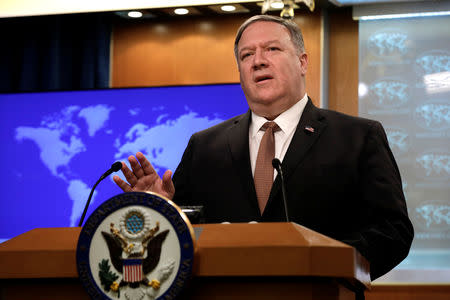 U.S. Secretary of State Mike Pompeo speaks during a briefing on Iran at the State Department in Washington, U.S., April 8, 2019. REUTERS/Yuri Gripas