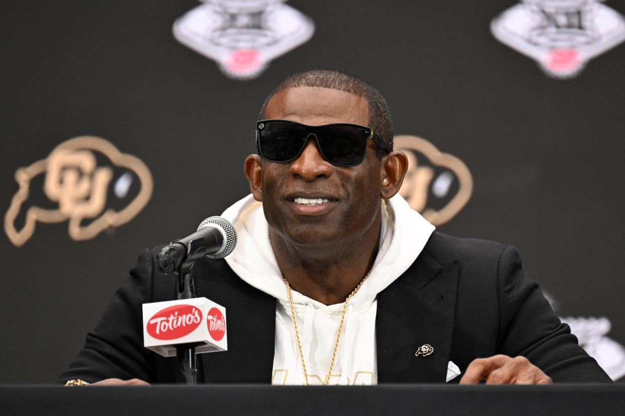 Jul 10, 2024; Las Vegas, NV, USA; Colorado Buffaloes head coach Deion Sanders speaks to the media during the Big 12 Media Days at Allegiant Stadium. Mandatory Credit: Candice Ward-USA TODAY Sports