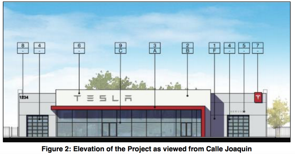 An illustration shows the design of the Tesla dealership on Calle Joaquin in San Luis Obispo.
