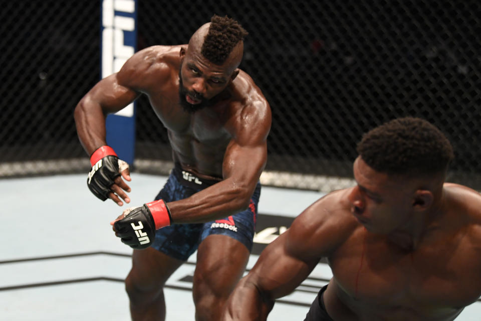 ABU DHABI, UNITED ARAB EMIRATES - OCTOBER 11:  (R-L) Joaquin Buckley knocks out Impa Kasanganay in their middleweight bout during the UFC Fight Night event inside Flash Forum on UFC Fight Island on October 11, 2020 in Abu Dhabi, United Arab Emirates. (Photo by Josh Hedges/Zuffa LLC via Getty Images)