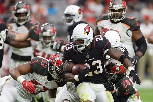 Oct 15, 2017; Glendale, AZ, USA; Arizona Cardinals running back Adrian Peterson (23) runs with the ball against the Tampa Bay Buccaneers during the second half at University of Phoenix Stadium. Mandatory Credit: Joe Camporeale-USA TODAY Sports