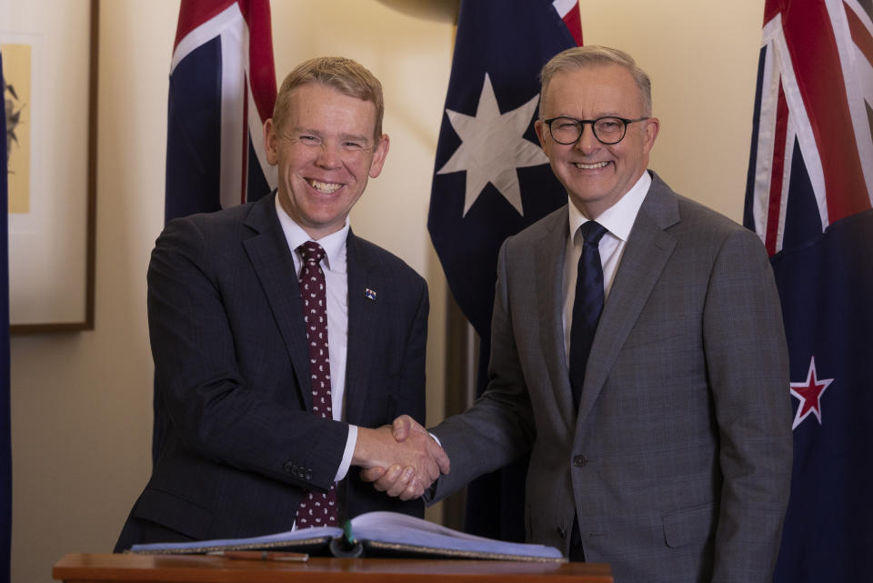 New Zealand Prime Minister Chris Hipkins, left, meets Australian Prime Minister Anthony Albanese in Canberra, Australia, Tuesday, Feb. 7, 2023. (AP Photo/Hilary Wardhaugh)
