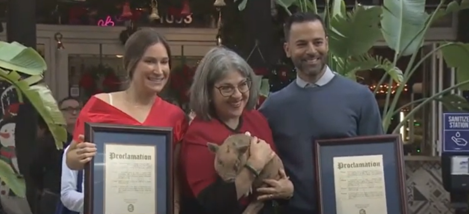 Mayor Daniella Levine Cava holding a very calm Taylor (Fox26)