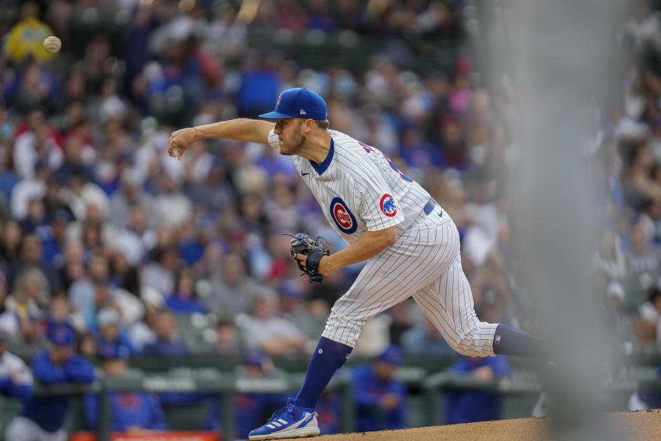 Chicago Cubs starting pitcher Jameson Taillon throws during the first inning of a baseball game against the Cincinnati Reds Saturday, May 27, 2023, in Chicago. (AP Photo/Erin Hooley)