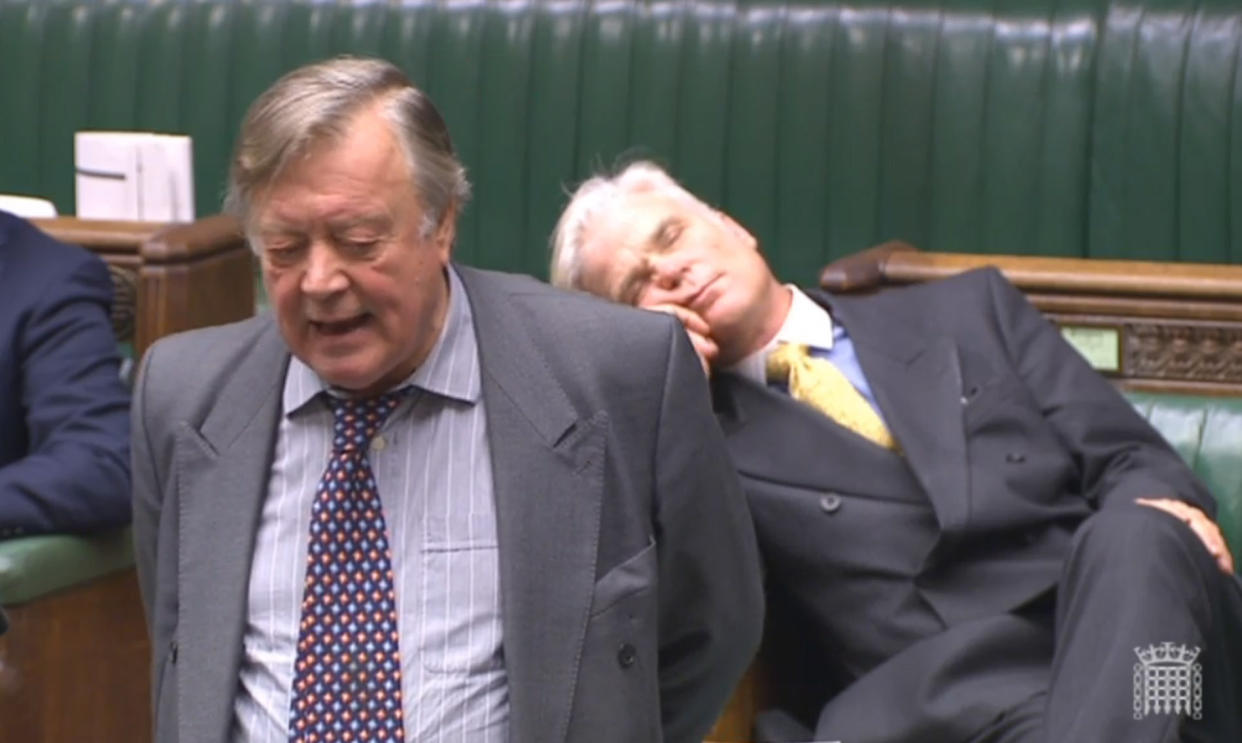 Sir Desmond Swayne MP appearing to sleep as he sits behind former Chancellor Ken Clarke during a House of Commons debate on Brexit.