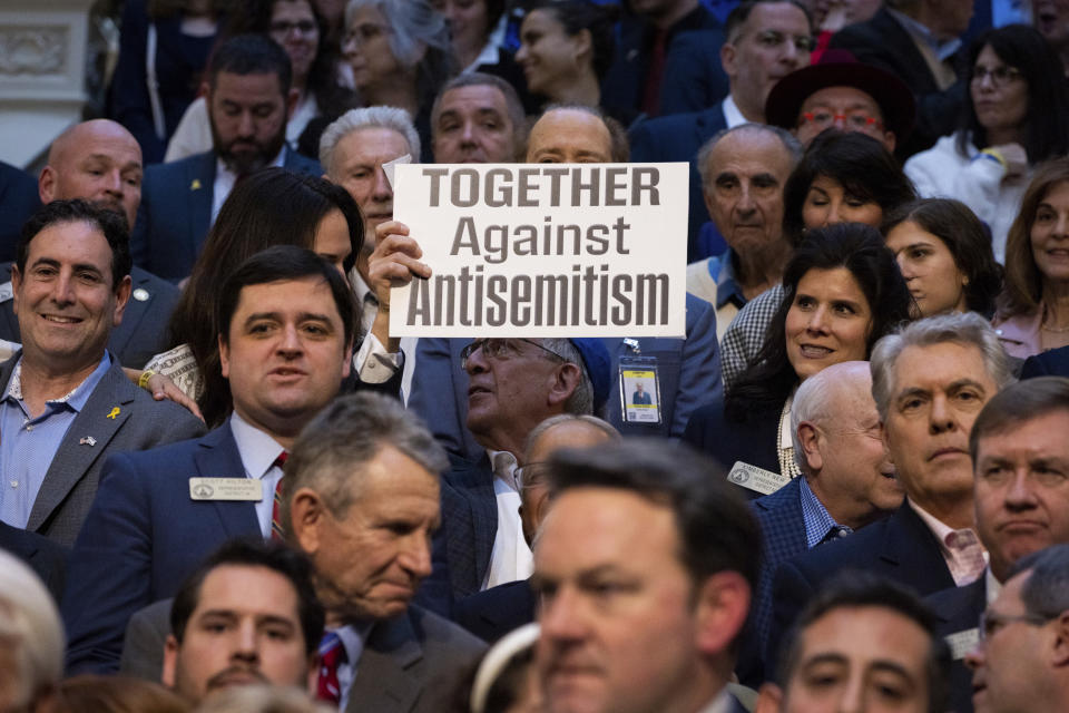 Supporters gather before Georgia Gov. Brian Kemp signs an antisemitism bill HB 30 at the Capitol in Atlanta, on Wednesday, Jan. 31, 2024. (Arvin Temkar/Atlanta Journal-Constitution via AP)