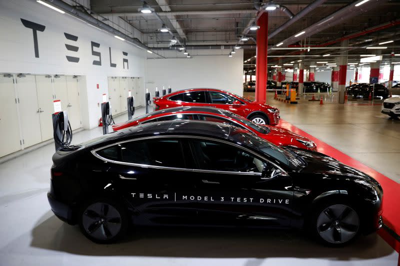 Tesla electric vehicles for test driving are parked in Hanam