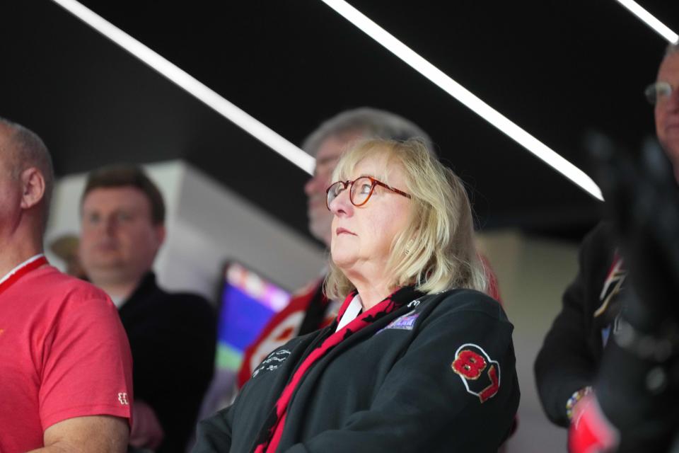 Donna Kelce settles in to watch her son, Kansas City Chiefs TE Travis Kelce, play in Super Bowl 58 against the San Francisco 49ers.