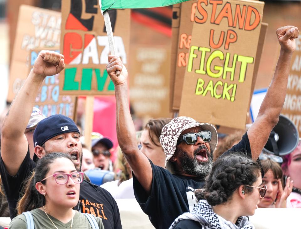 Protesters chant and march during the Coalition to March protest on the RNC 2024 Monday, July 15, 2024, at Red Arrow Park in Milwaukee.