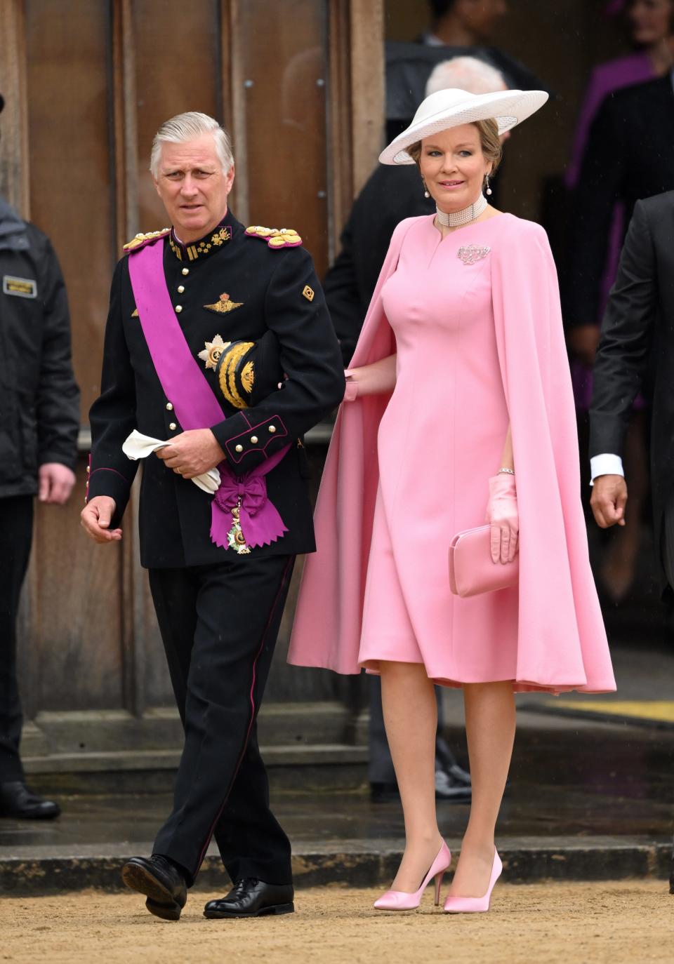 King Philippe of Belgium and Queen Mathilde of Belgium arrive at Westminster Abbey for the Coronation of King Charles III and Queen Camilla on May 06, 2023 in London, England.