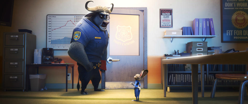 ZOOTOPIA, from left: Chief Bogo (voice: Idris Elba), Judy Hopps (voice: Ginnifer Goodwin), 2016. © Walt Disney Studios Motion Pictures / courtesy Everett Collection