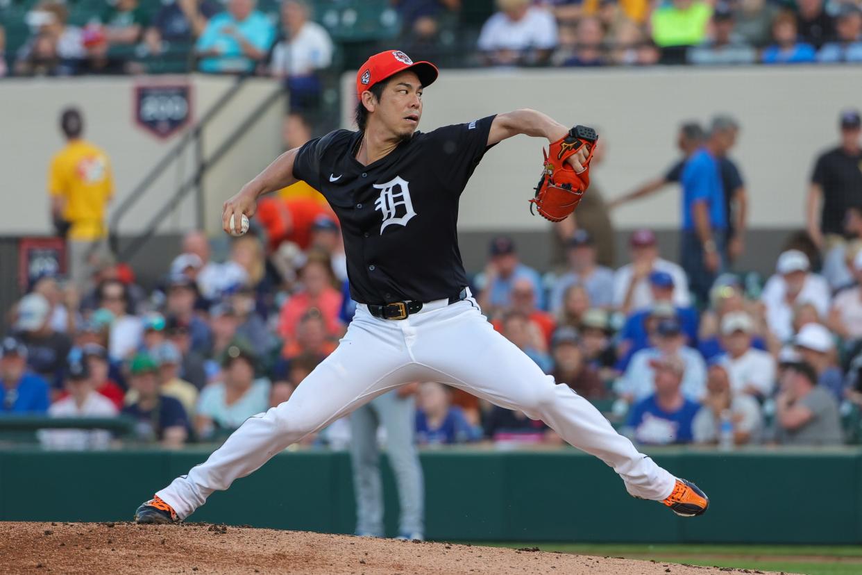 Detroit Tigers starting pitcher Kenta Maeda (18) pitches during the first inning against the Toronto Blue Jays at Joker Marchant Stadium in Lakeland, Florida, on Thursday, March 7, 2024.