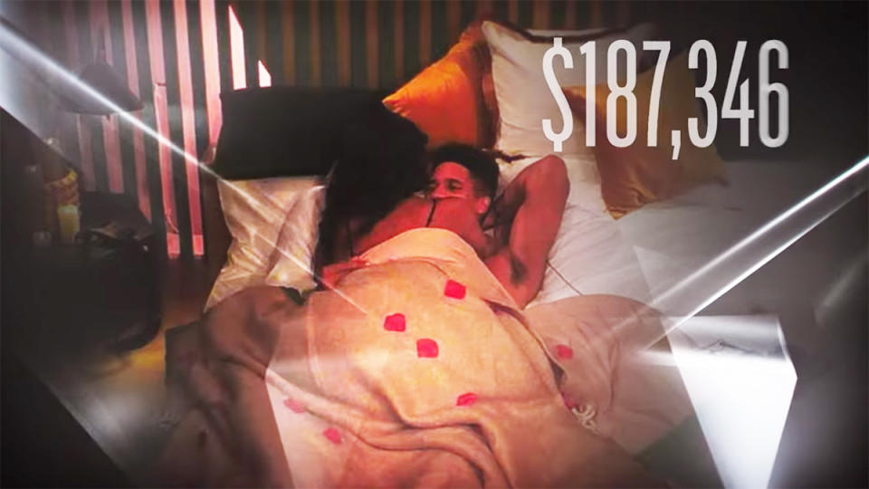 A couple in bed on Too Hot To Handle season three. Photo: Netflix.