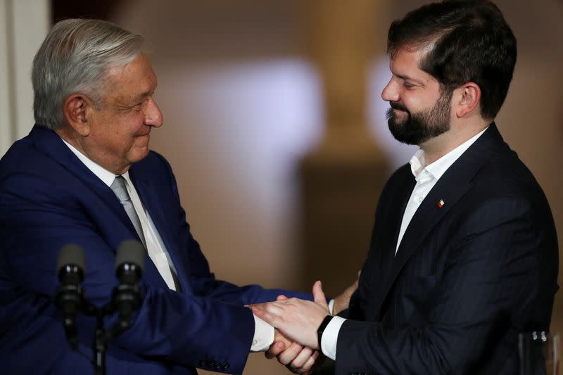 Chile's President Gabriel Boric and Mexico's President Andres Manuel Lopez Obrador meet at La Moneda government palace in Santiago