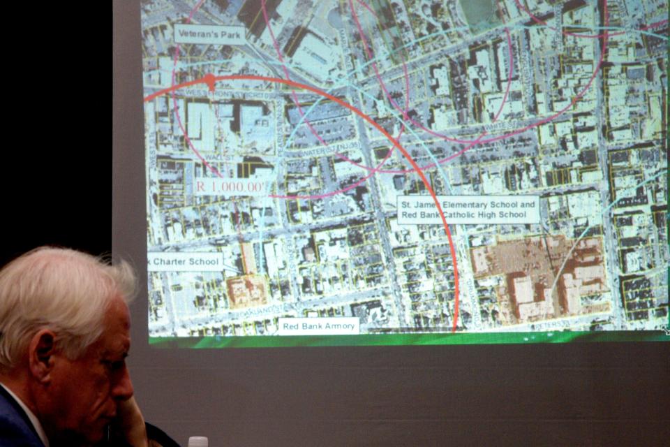 A map delineating a 1,000-foot buffer in red around the Red Bank Charter School on Thursday, January 5, 2023 at Borough Hall in Red Bank, New Jersey. The red dot indicates the location of the proposed cannabis store.