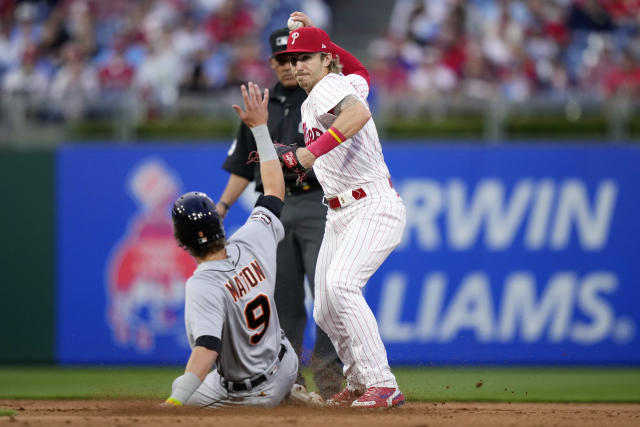 Philadelphia Phillies relief pitcher Connor Brogdon (75) delivers a pitch  in the bottom of the seventh inning in a baseball game against the Texas  Rangers in Arlington, Texas, Sunday, April 2, 2023. (