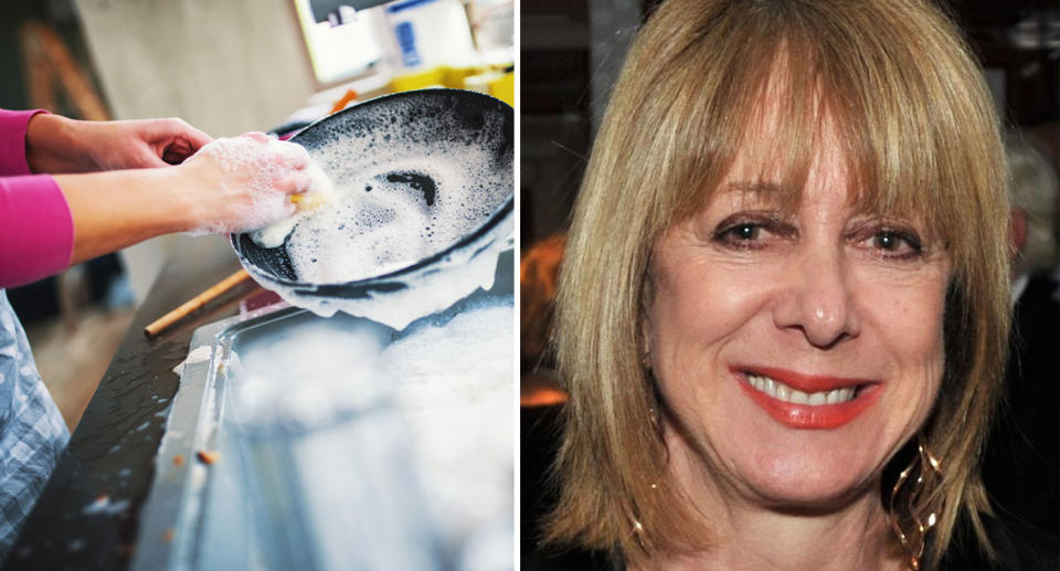 Person washing dishes alongside hygiene expert Professor Marylouise McLaws who warns against sponges.