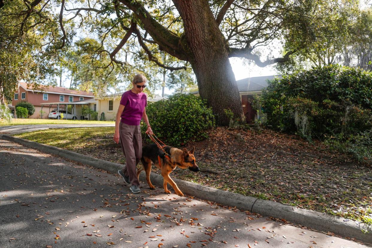 Marj Schneider walks through her neighborhood with her new guide dog.