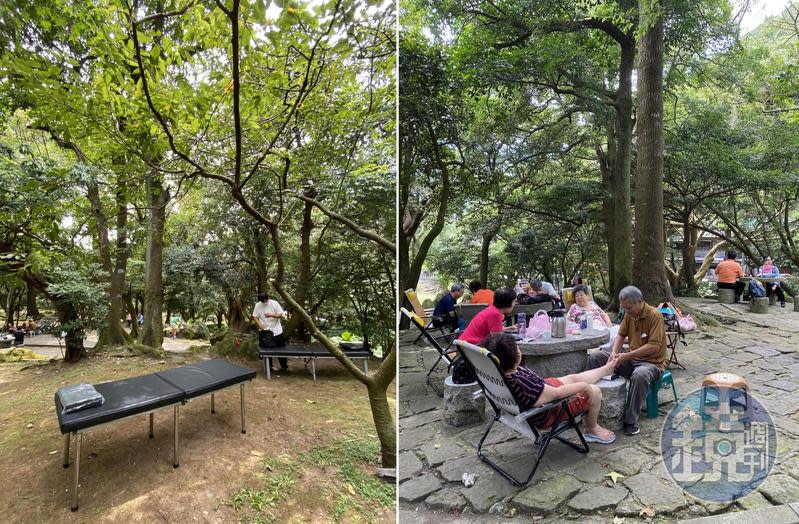 公園裡有按腳跟按身體的師傅，成為這兒的特殊風景。