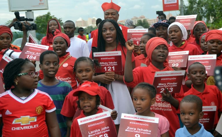 Children chant to mark 500 days since the abduction of Chibok schoolgirls by Boko Haram during a rally to call for their release in Abuja, on August 27, 2015