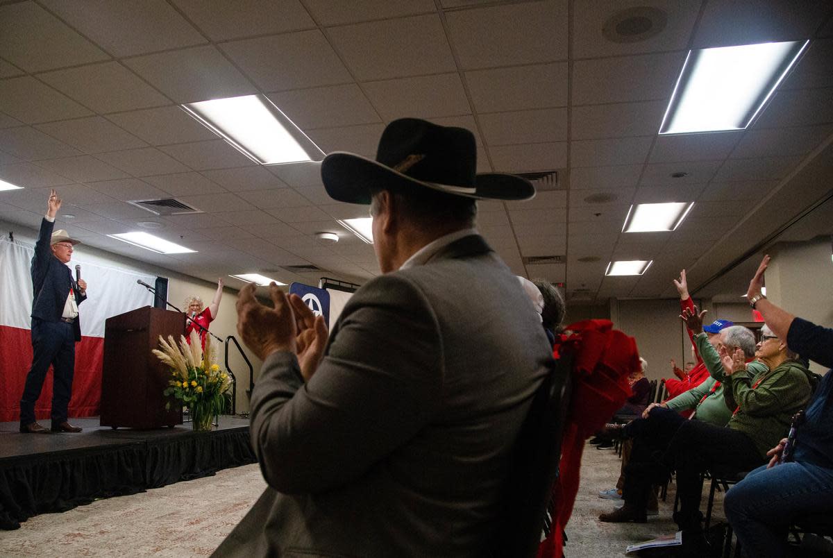 Kyle Biedermann, a former state representative and current Legislative Advisor for the Texas Nationalist Movement's Advisory Board, speaks during the Saturday opening event at TEXIT in Waco, on Nov. 11, 2023. <cite>Credit: Evan L'Roy for The Texas Tribune</cite>