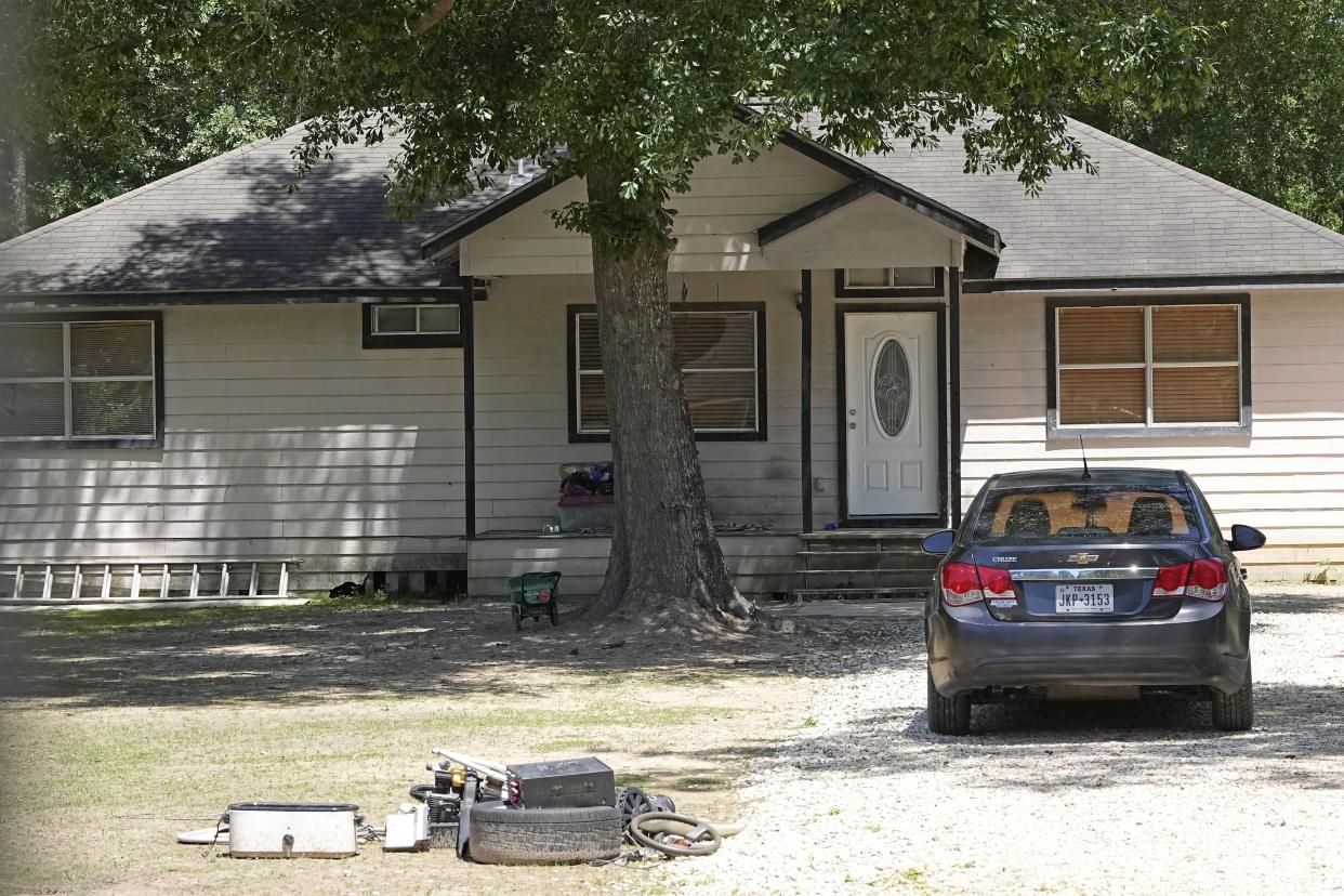 The home a suspect in a mass shooting is shown Sunday, April 30, 2023, in Cleveland, Texas. The search for a Texas man who allegedly shot his neighbors after they asked him to stop firing off rounds in his yard stretched into a second day Sunday, with authorities saying the man could be anywhere by now. Francisco Oropeza, 38, fled after the shooting Friday night that left five people dead, including a young boy. (AP Photo/David J. Phillip)