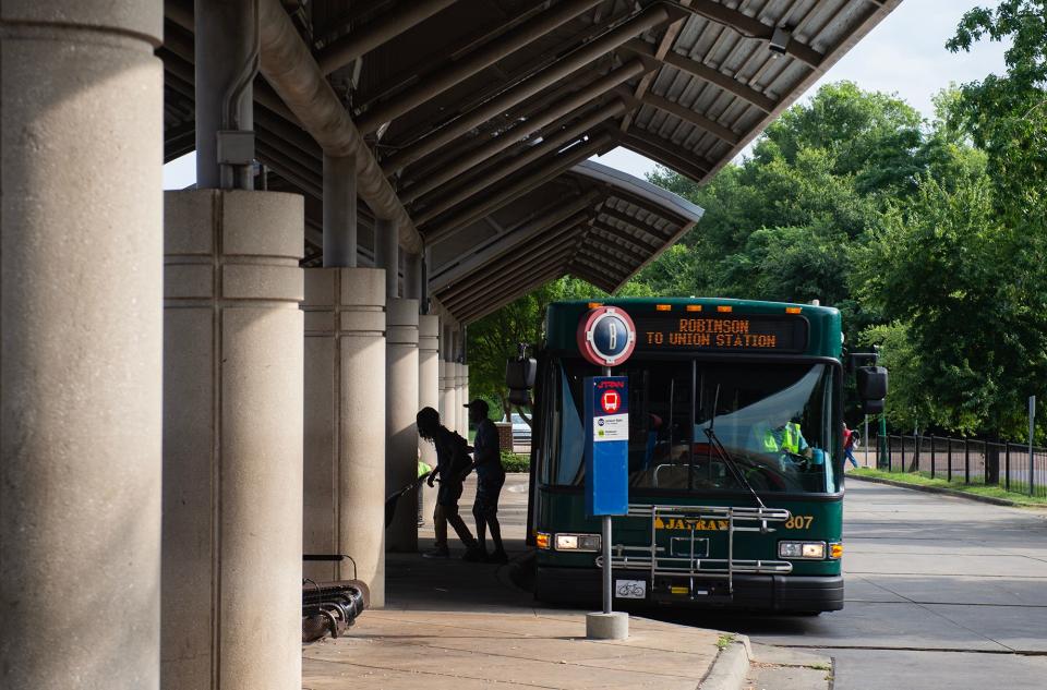 People get off a JTRAN bus at Union Station in Jackson on Wednesday, June 26, 2024.