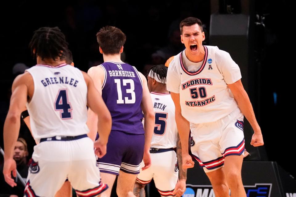 Florida Atlantic Owls center Vladislav Goldin reacts against the Northwestern Wildcats during the first round of the 2024 NCAA Tournament at Barclays Center in Brooklyn, NY, March 22, 2024.