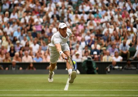 Tennis - Wimbledon - All England Lawn Tennis and Croquet Club, London, Britain - July 13, 2018 South Africa's Kevin Anderson in action during his semi final match against John Isner of the U.S. REUTERS/Tony O'Brien