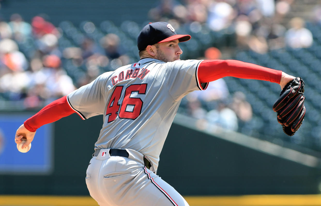 DETROIT, MI - JUNE 13:  Patrick Corbin #46 of the Washington Nationals pitches while wearing a sweat stained Nike jersey during the game against the Detroit Tigers at Comerica Park on June 13, 2024 in Detroit, Michigan. The Tigers defeated the Nationals 7-2.  (Photo by Mark Cunningham/MLB Photos via Getty Images)