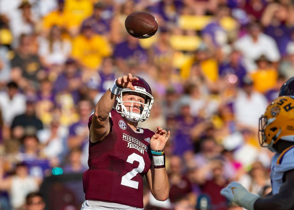 Quarterback Will Rogers throws a pass as the LSU Tigers take on the Mississippi State Bulldogs at Tiger Stadium in Baton Rouge, Louisiana, USA. Saturday, Sept. 17, 2022.

Lsu Vs Miss State Football 0453