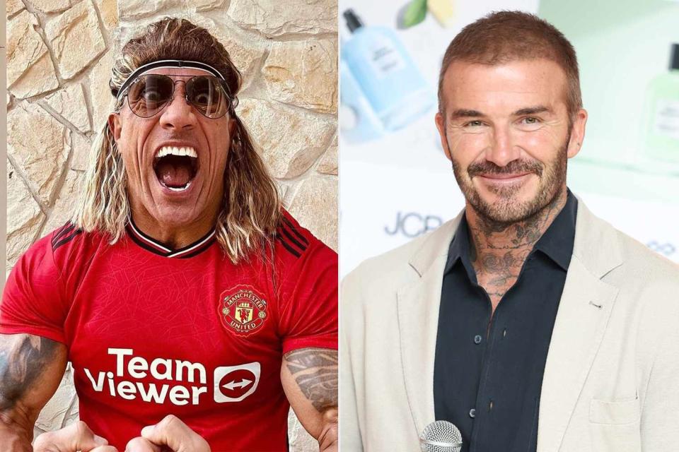 <p>Dwayne Johnson/Instagram</p> From Left: Dwayne Johnson dressing up as David Beckham for Halloween on Oct. 31, 2023, David Beckham at JcPenney Roosevelt Field Mall on October 12, 2023  