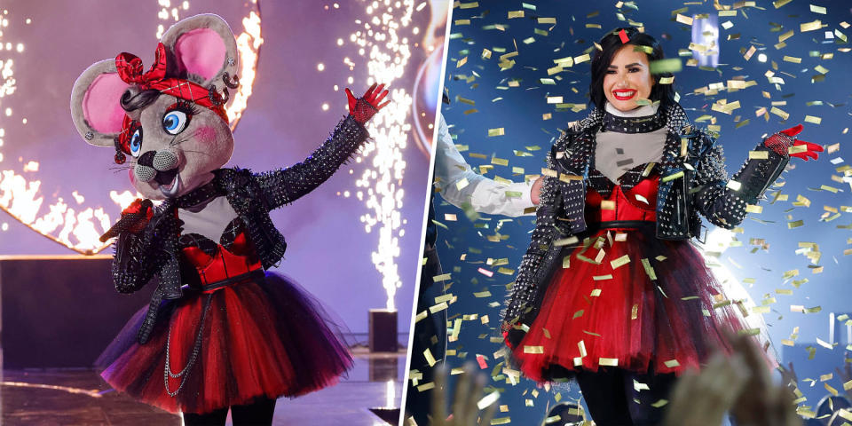 On the left, a person in a mouse costume and red dress sings onstage. On the right, Demi Lovato in the same red dress smiles and waves amid gold confetti. (Courtesy of Fox)