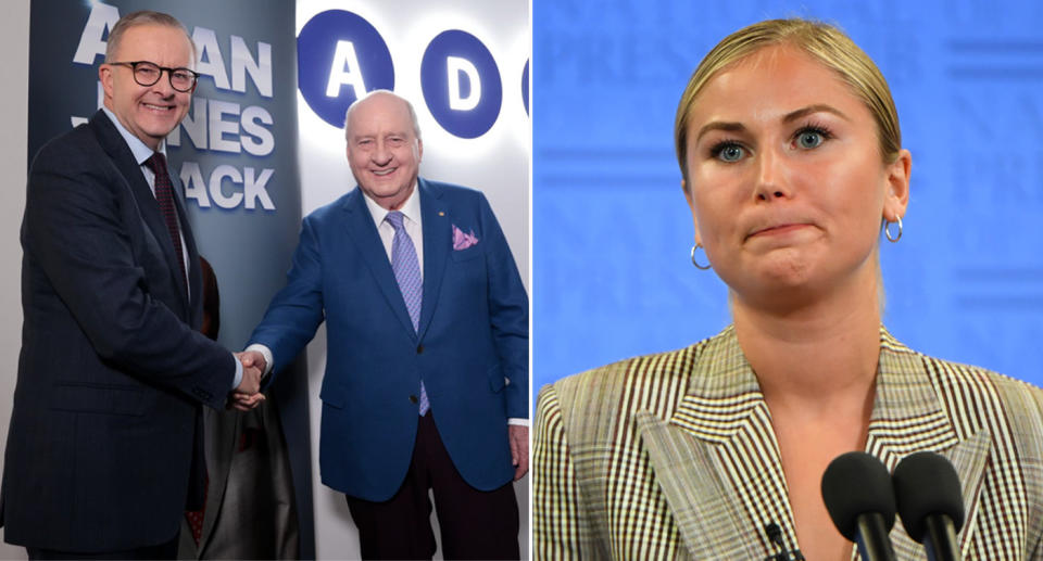 Anthony Albanese shaking hands with Alan jones (left), and right, a picture of Grace Tame looking unimpressed during a National Press Club speech.