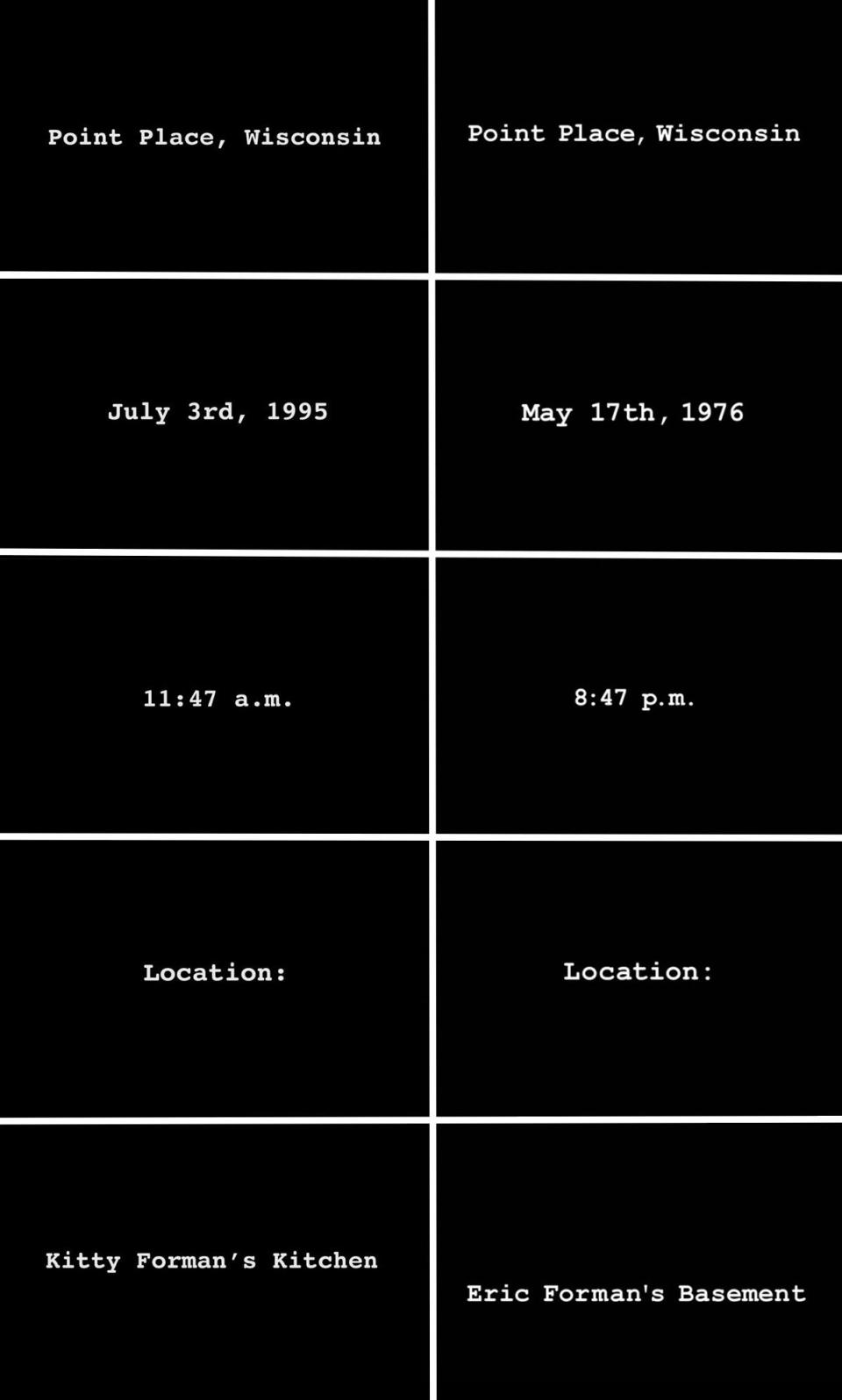 On the left side: Title cards from the series premiere of "That '90s Show." On the right: Title cards from the series premiere of "That '70s Show."