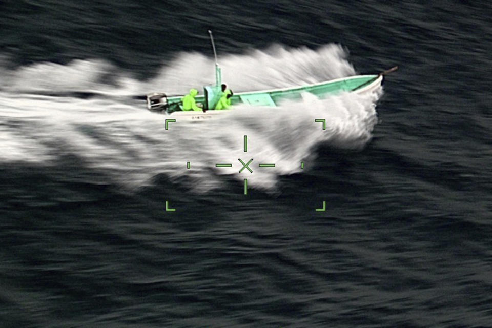 This image made available by the U.S. Coast Guard shows a lancha being tracked in the Gulf of Mexico near South Padre Island, Texas, on Sept. 30, 2021. At the South Padre Island station in Texas, 440 boats were cut apart over the past five years, the Coast Guard said in 2022. (U.S. Coast Guard via AP)