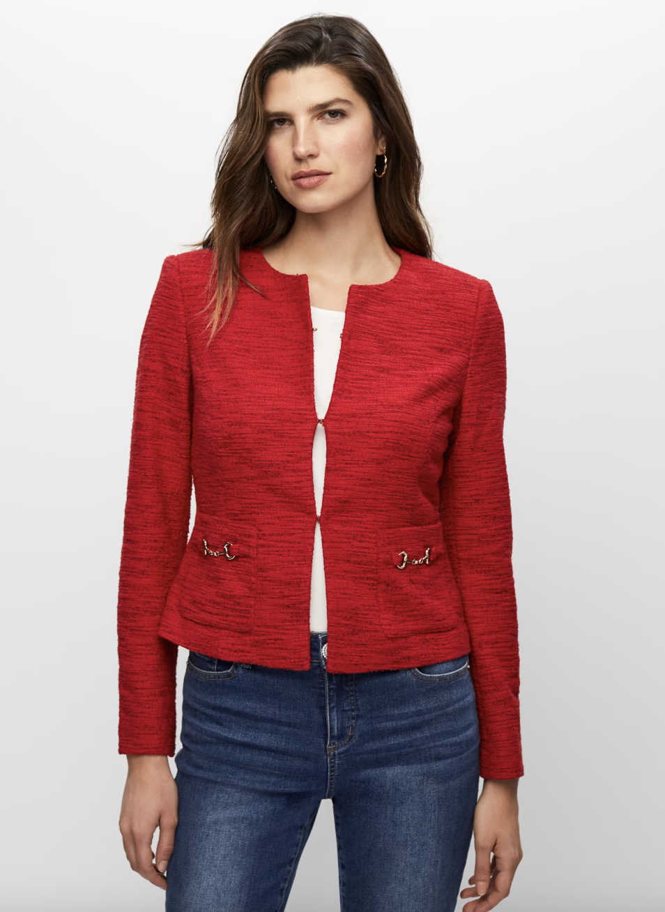 brunette model wearing blue jeans, white shirt and red Melange Tweed Jacket (Photo via Melanie Lyne)