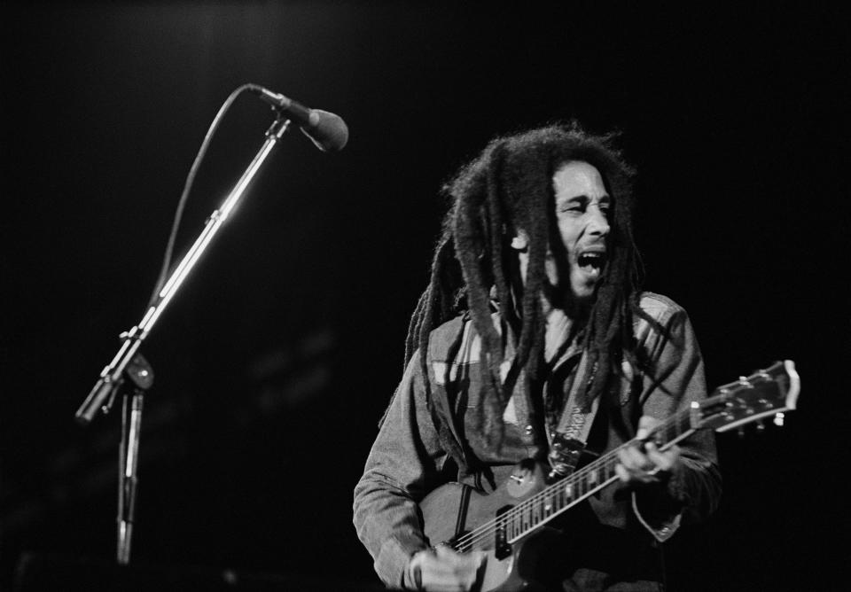 Bob Marley performs in Le Bourget, near Paris, during the last concert of his French tour. Attended by 50,000 fans, it is the biggest concert ever organized in France. (Photo by Jacques Pavlovsky/Sygma via Getty Images)