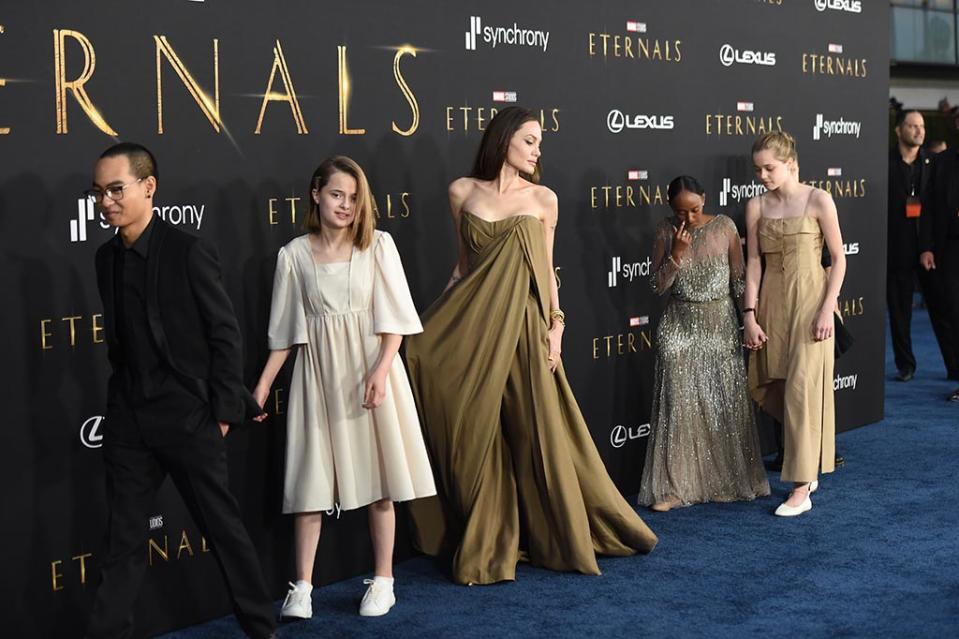 Angelina Jolie and her children at the “Eternals” Los Angeles premiere on Oct. 18, 2021. - Credit: Michael Buckner