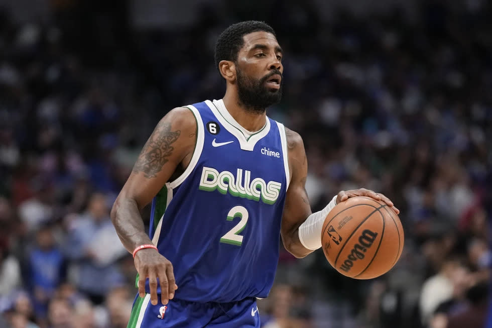 Dallas Mavericks guard Kyrie Irving (2) brings the ball up during the second half of the team’s NBA basketball game against the Sacramento Kings in Dallas, April 5, 2023. (AP Photo/Sam Hodde, File)