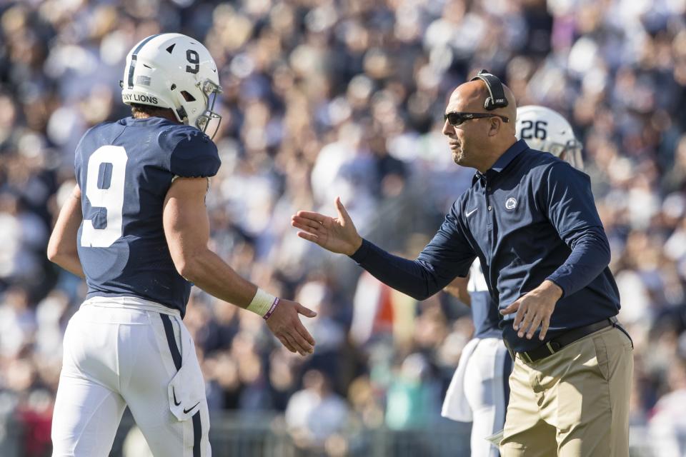 UNIVERSITY PARK, PA – SEPTEMBER 30: Head coach James Franklin of the Penn State Nittany Lions meets Trace McSorley #9 with a high five on the sideline during the first half against the Indiana Hoosiers on September 30, 2017 at Beaver Stadium in University Park, Pennsylvania. (Photo by Brett Carlsen/Getty Images)