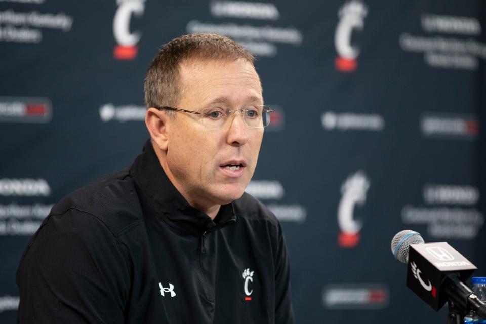 Cincinnati Bearcats football head coach Scott Satterfield answers questions during a press conference at Fifth Third Arena on Tuesday, Jan. 10, 2023.