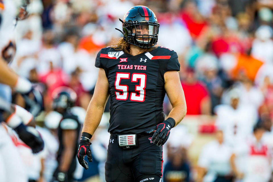 LUBBOCK, TEXAS - SEPTEMBER 07: Defensive lineman Eli Howard #53 of Texas Tech looks to the sideline during the first half of the college football game between the Texas Tech Red Raiders and the UTEP Miners on September 07, 2019 at Jones AT&T Stadium in Lubbock, Texas. (Photo by John E. Moore III/Getty Images)